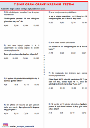 7.SINIF ORAN-ORANTI KAZANIM TESTİ-4 (ORANTI PROBLEMLERİ) - Ramazan ...